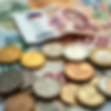 A close-up of currency notes and coins from different countries