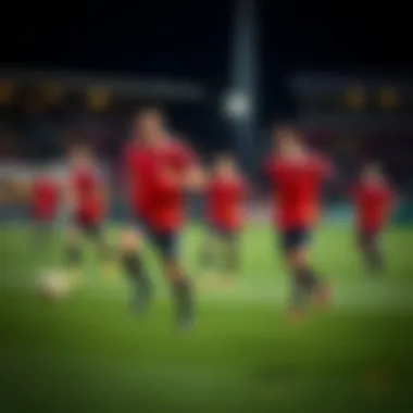 Soccer players warming up on the field